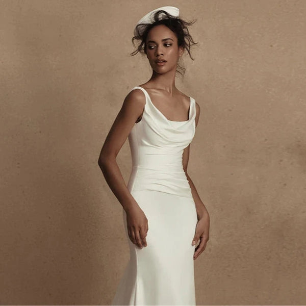 Minimalist White Satin Wedding Dress – Simple Square Neck Sleeveless Sheath Engagement or Formal Gown