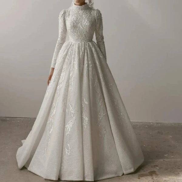 Exquisite High-Neck Muslim Wedding Dress with Beading and Pearls, Modest Design with Court Train