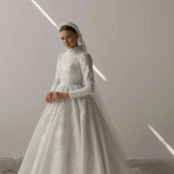 Exquisite High-Neck Muslim Wedding Dress with Beading and Pearls, Modest Design with Court Train