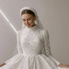 Exquisite High-Neck Muslim Wedding Dress with Beading and Pearls, Modest Design with Court Train