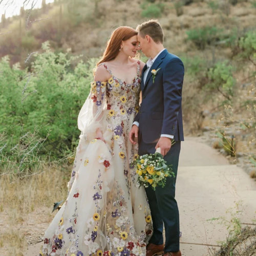 Enchanting Floral A-Line Wedding Dress | 3D Lace Off-Shoulder Bridal Gown with Puffy Sleeves