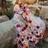 Floral Applique Elopement Dress with Puff Sleeves - Elegant Evening Gown for Wedding Parties