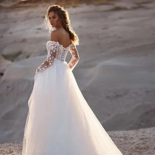 Bohemian Tulle Wedding Dress with Off-The-Shoulder Sleeves and Lace-Up Back