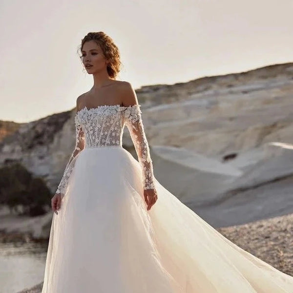 Bohemian Tulle Wedding Dress with Off-The-Shoulder Sleeves and Lace-Up Back