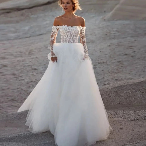 Bohemian Tulle Wedding Dress with Off-The-Shoulder Sleeves and Lace-Up Back