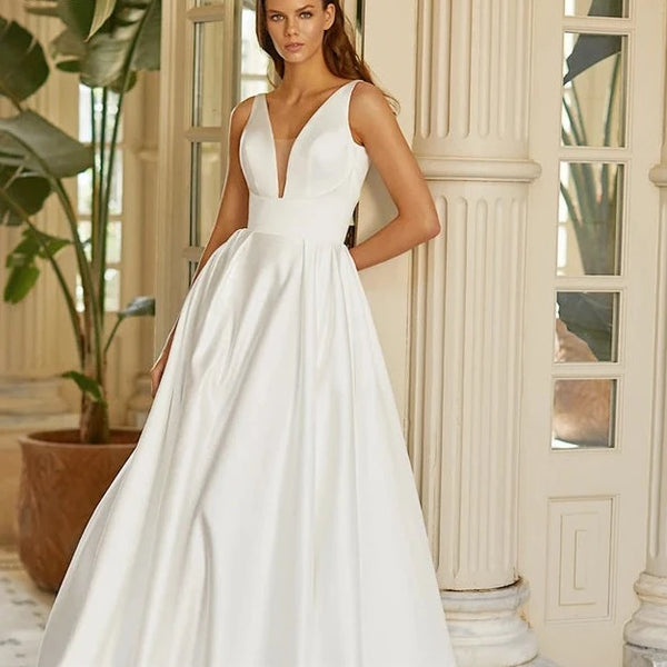 Minimalist V-Neck Satin Wedding Dress with Lace Jacket