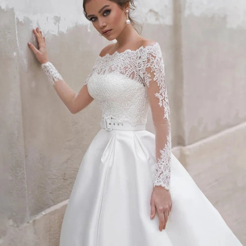 Elegant Modern Satin A-Line Wedding Dress with Jacket and Lace-Up Back