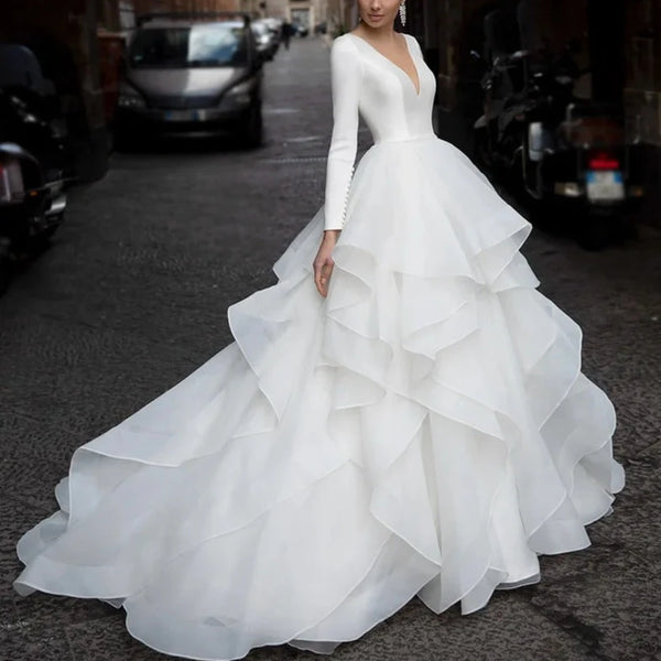 Satin Ball Gown Wedding Dress with Deep V-Neck and Ruffles – Elegant Backless Bridal Gown