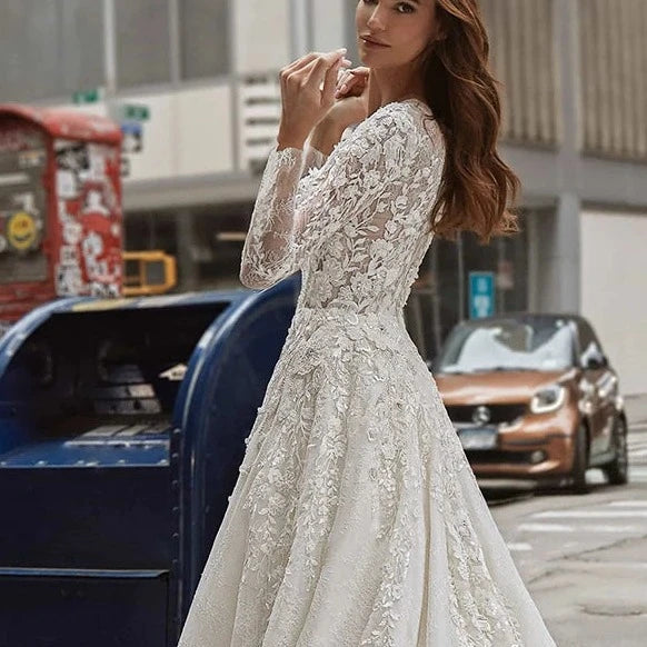 Classic Vintage Italian Lace A-Line Wedding Dress with Illusion Long Sleeves and Chapel Train