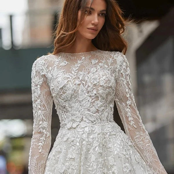 Classic Vintage Italian Lace A-Line Wedding Dress with Illusion Long Sleeves and Chapel Train