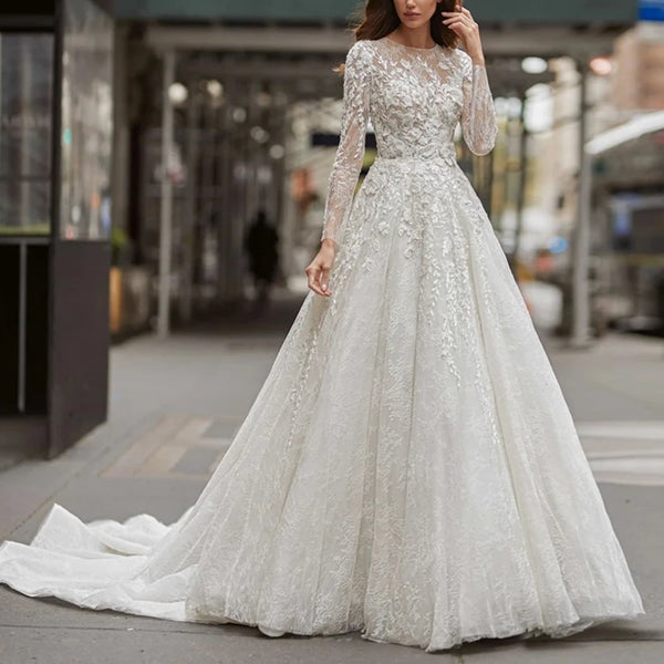 Classic Vintage Italian Lace A-Line Wedding Dress with Illusion Long Sleeves and Chapel Train