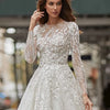 Classic Vintage Italian Lace A-Line Wedding Dress with Illusion Long Sleeves and Chapel Train