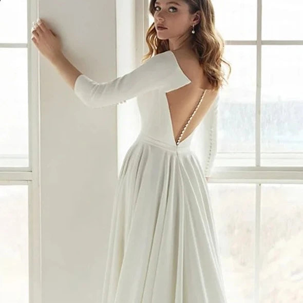 Minimalist Satin A-Line Wedding Dress with Boat Neck and Chapel Train - Modern Bridal Gown with Bows and Sashes