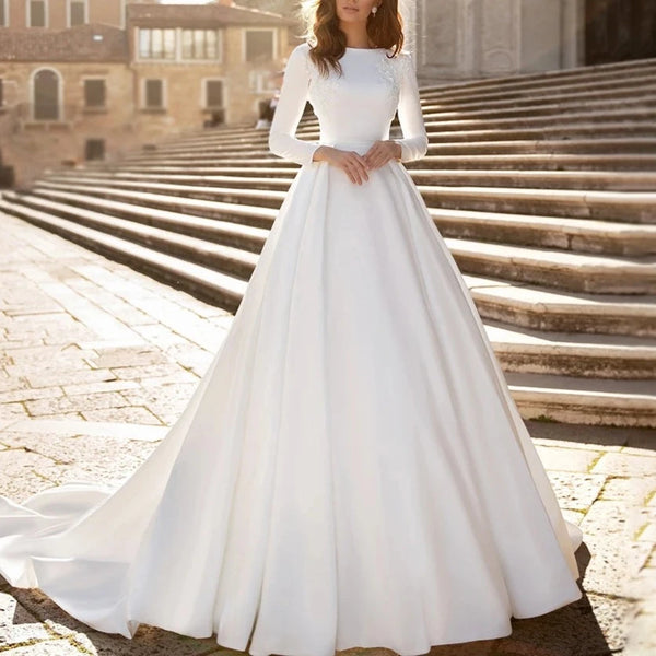 Elegant Princess Ball Gown Wedding Dress | Long Sleeve Satin Bridal Gown