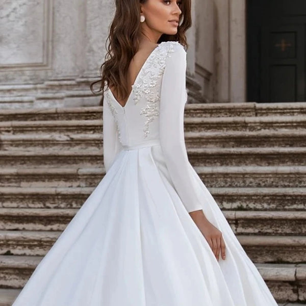 Elegant Princess Ball Gown Wedding Dress | Long Sleeve Satin Bridal Gown