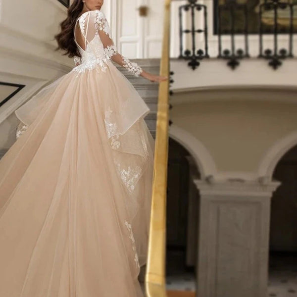 Modern Vintage Italian A-Line Wedding Dress with Crystal Beading and Chapel Train