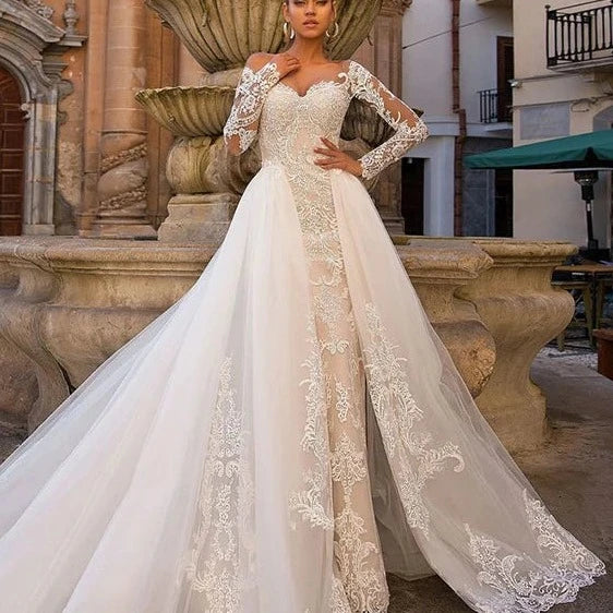 Luxury Vintage Italian Lace Mermaid Wedding Dress with Detachable Train and Illusion Cap Sleeves