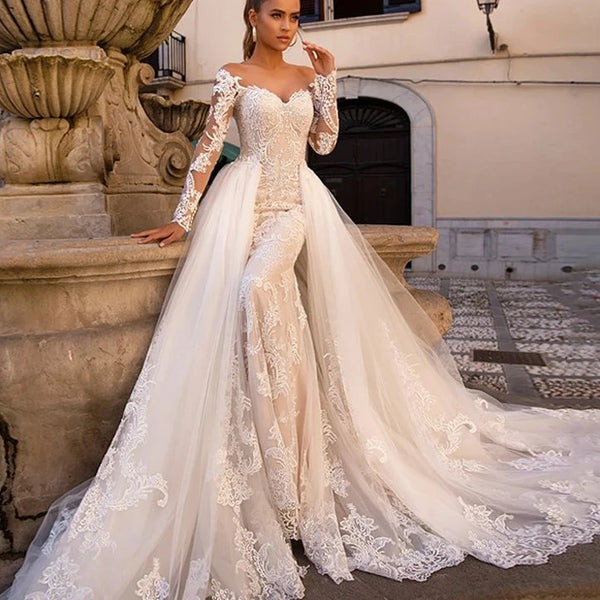 Luxury Vintage Italian Lace Mermaid Wedding Dress with Detachable Train and Illusion Cap Sleeves