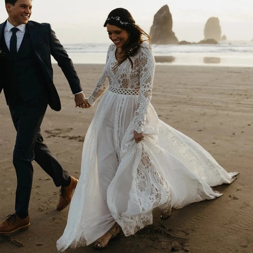 Boho Lace A-Line Wedding Dress with Full Illusion Sleeves and Sweep Train