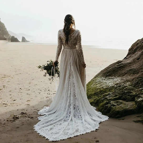 Boho Lace A-Line Wedding Dress with Full Illusion Sleeves and Sweep Train