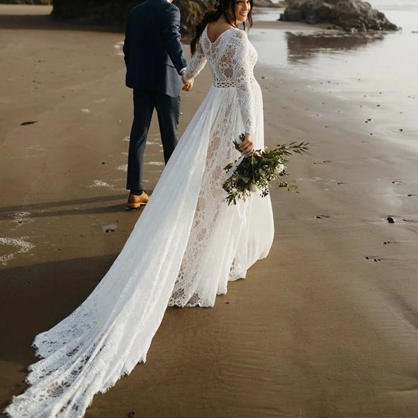 Boho Lace A-Line Wedding Dress with Full Illusion Sleeves and Sweep Train