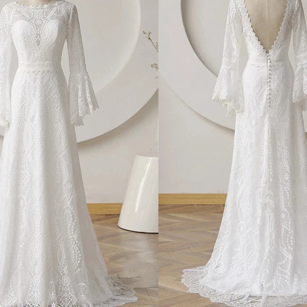 Vintage Bohemian Lace Wedding Dress with Flare Sleeves and Scoop Neckline