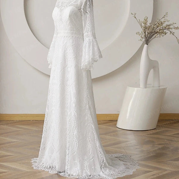 Vintage Bohemian Lace Wedding Dress with Flare Sleeves and Scoop Neckline