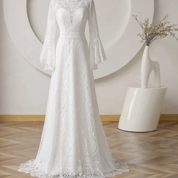 Vintage Bohemian Lace Wedding Dress with Flare Sleeves and Scoop Neckline