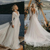 Boho Lace V-Neck Wedding Dress with Full Sleeves and Sweep Train - Elegant Backless Design for Beach and Outdoor Weddings