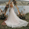 Boho Lace V-Neck Wedding Dress with Full Sleeves and Sweep Train - Elegant Backless Design for Beach and Outdoor Weddings