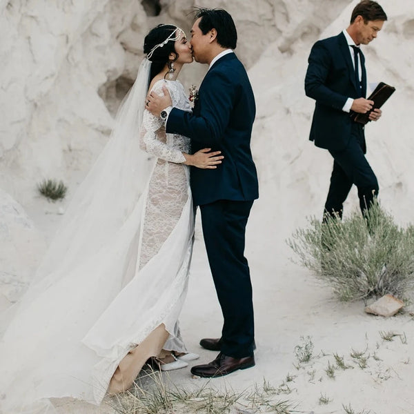 Bohemian Open Back Wedding Dress with Lace Overlay | Sheath Bridal Gown