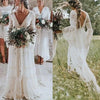 Boho Lace Wedding Dress with Long Flare Sleeves and Sweep Train