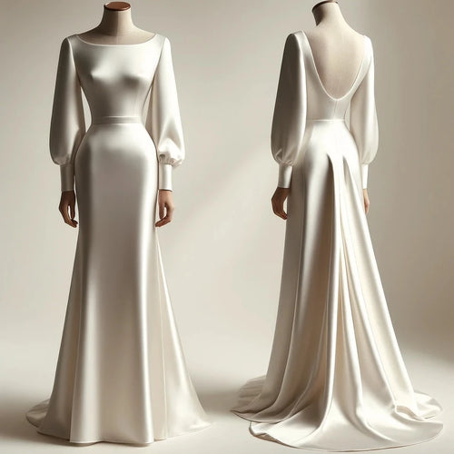 Elegant Long Sleeve Boat Neck Satin Wedding Dress Sheath Silhouette and Sweep Train