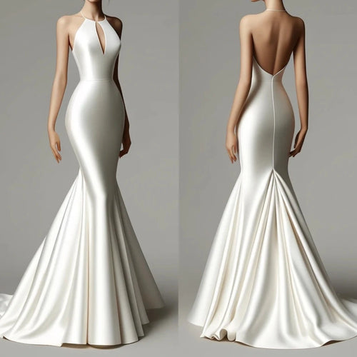 Elegant Satin Mermaid Bridal Gown with Halter Neck and Keyhole Feature | Sleek Sleeveless Wedding Dress