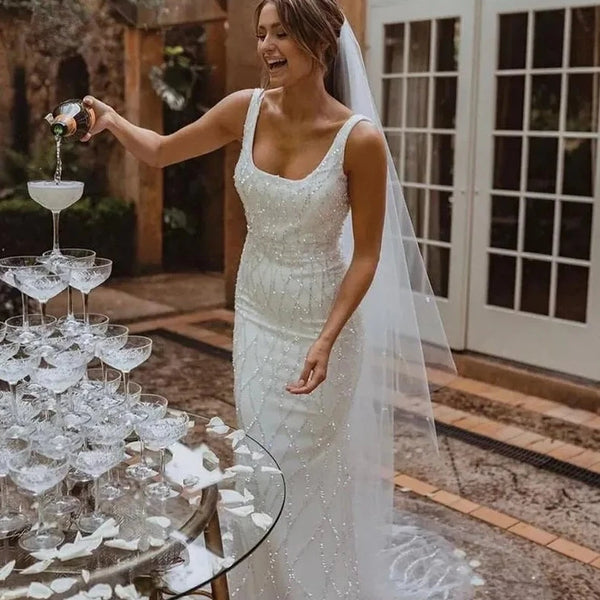 Elegant Boho Mermaid Wedding Dress | Luxury Beach Bridal Gown with Beaded Tulle and Square Collar