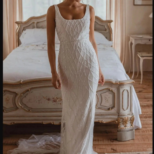 Elegant Boho Mermaid Wedding Dress | Luxury Beach Bridal Gown with Beaded Tulle and Square Collar