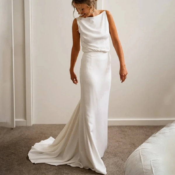 Sleeveless Boat Bateau Neck Mermaid Wedding Dress with Open Back