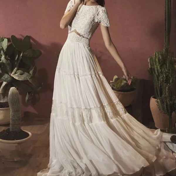 Bohemian Vintage Chiffon Wedding Dress with Cap Sleeves and Backless Design