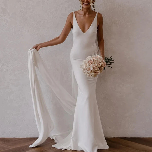 Elegant Minimalist Backless Mermaid Wedding Dress with V-Neck and Sweep Train