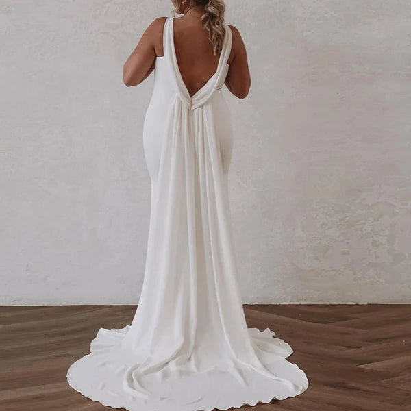 Elegant Minimalist Backless Mermaid Wedding Dress with V-Neck and Sweep Train