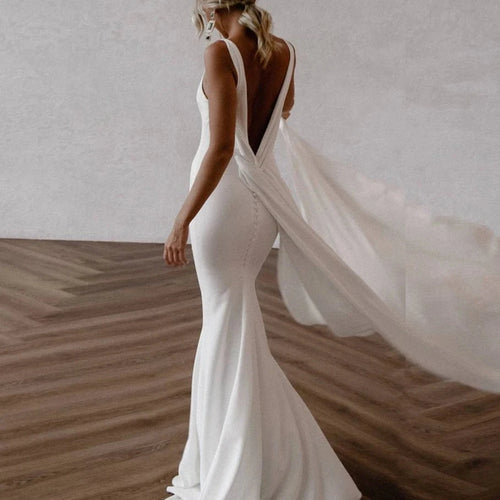 Elegant Minimalist Backless Mermaid Wedding Dress with V-Neck and Sweep Train