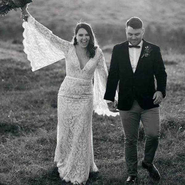 Bohemian Mermaid Wedding Dress with Lace V-Neck and Flare Sleeves