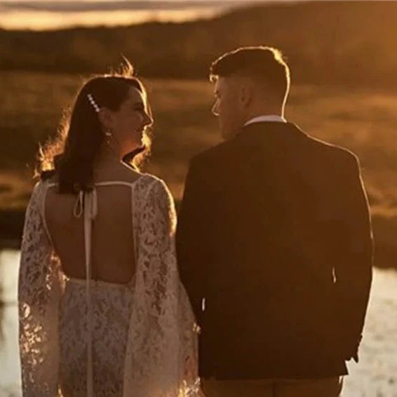 Bohemian Mermaid Wedding Dress with Lace V-Neck and Flare Sleeves