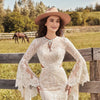 Bohemian O-Neck Lace Mermaid Wedding Dress with Long Batwing Sleeves and Backless Slit