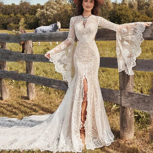 Bohemian O-Neck Lace Mermaid Wedding Dress with Long Batwing Sleeves and Backless Slit