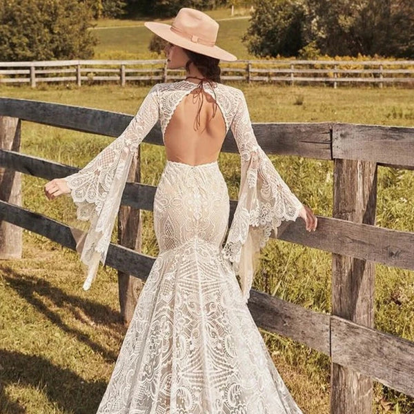 Bohemian O-Neck Lace Mermaid Wedding Dress with Long Batwing Sleeves and Backless Slit