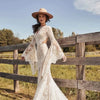 Bohemian O-Neck Lace Mermaid Wedding Dress with Long Batwing Sleeves and Backless Slit