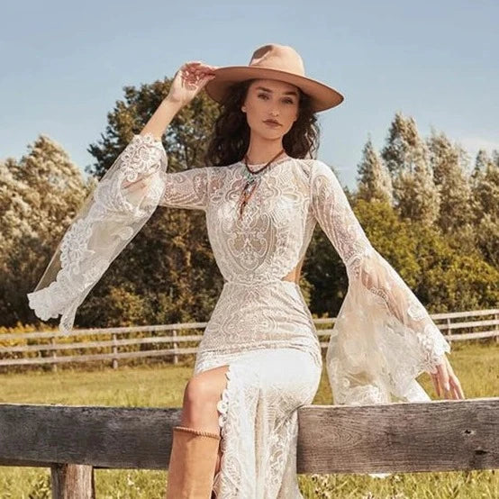 Bohemian O-Neck Lace Mermaid Wedding Dress with Long Batwing Sleeves and Backless Slit