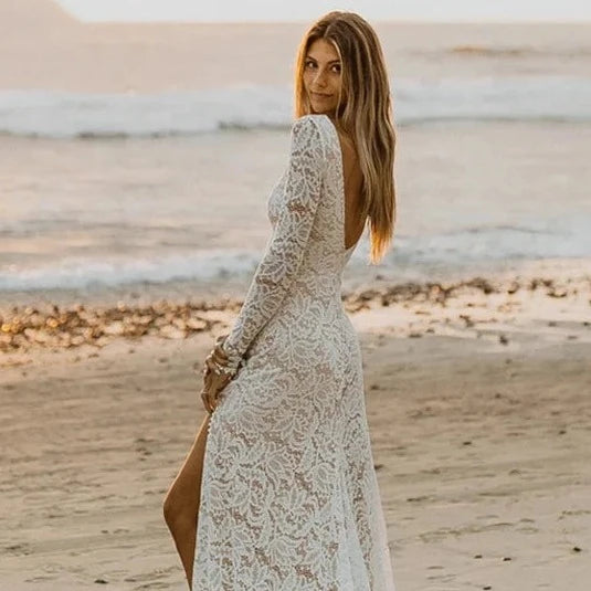 Boho Lace Mermaid Wedding Dress with Full Sleeves, O-Neck, and Backless Design