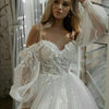 Boho Princess Tulle Wedding Dress with Sweetheart Neckline and Off-The-Shoulder Sleeves